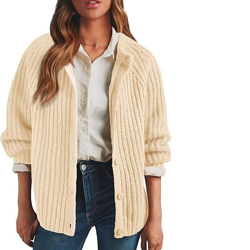 Women's Solid Color Button-Front Knit Cardigan Sweater Long Sleeve Crew Neck