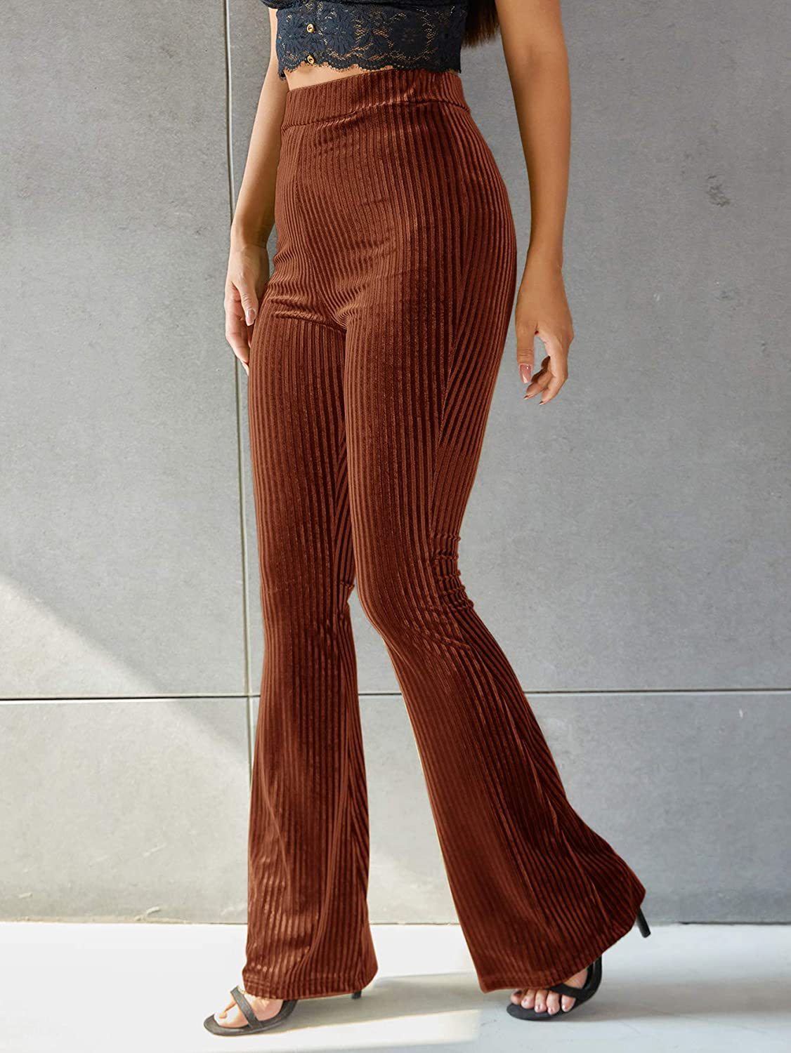 Women's High-Waist Velvet Ribbed Flare Pants