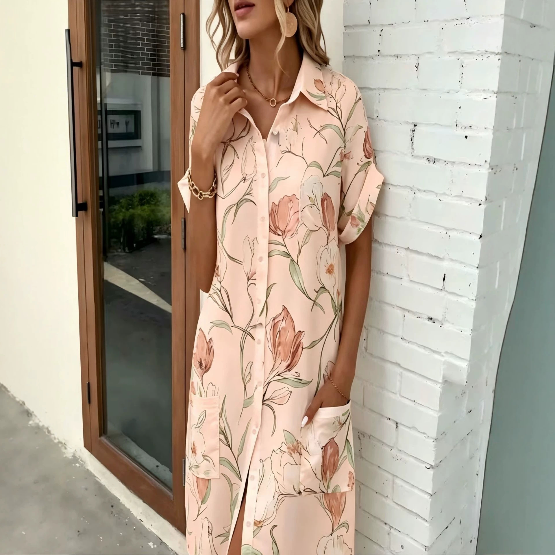 Women's Floral Print Midi Shirt Dress with 3D Digital Print