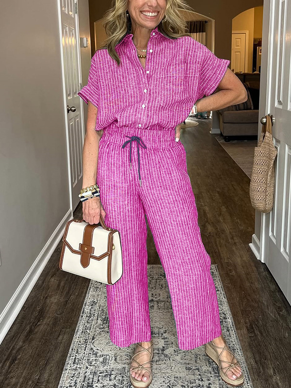 Women's Striped Two-Piece Set with Collared Short Sleeve Top and Straight-Leg Pants