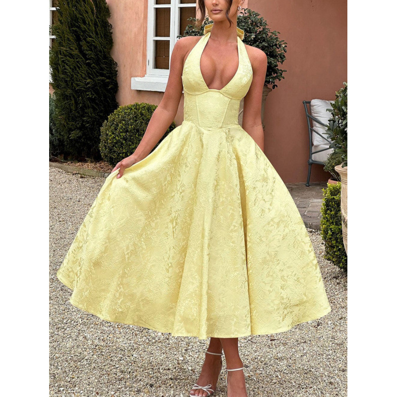 V-Neck Halter Jacquard Evening Dress Sleeveless Open-Back A-Line Long Gown
