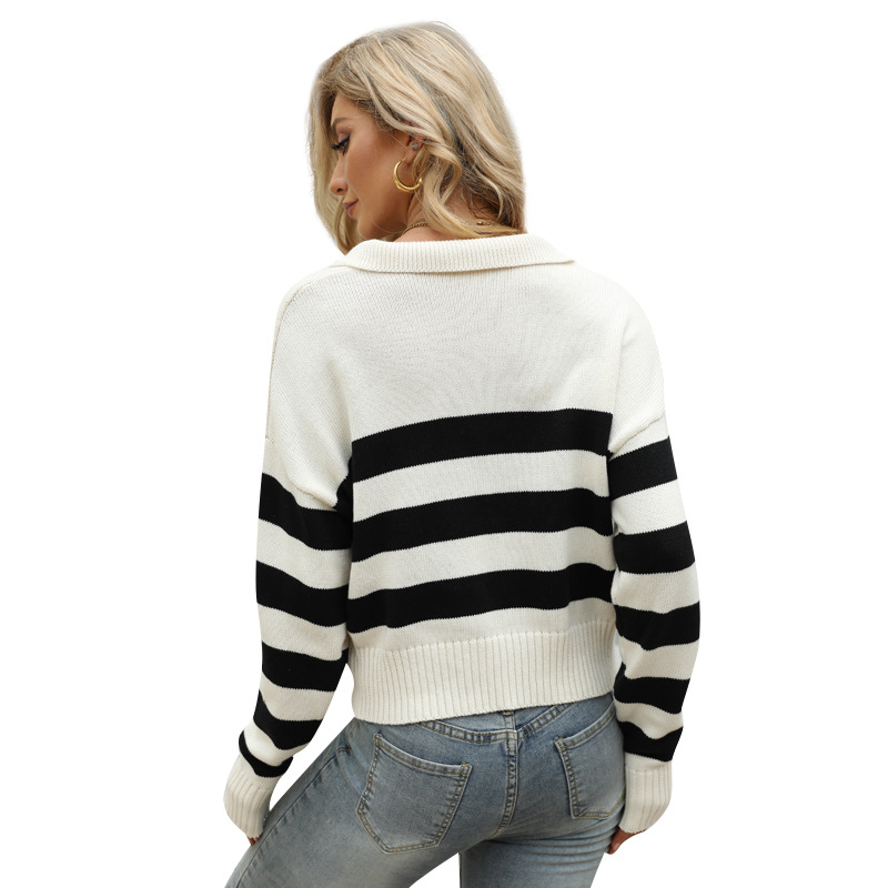 Women's Long Sleeve Polo Neck Cotton Knit Striped Color Block Pullover Sweater