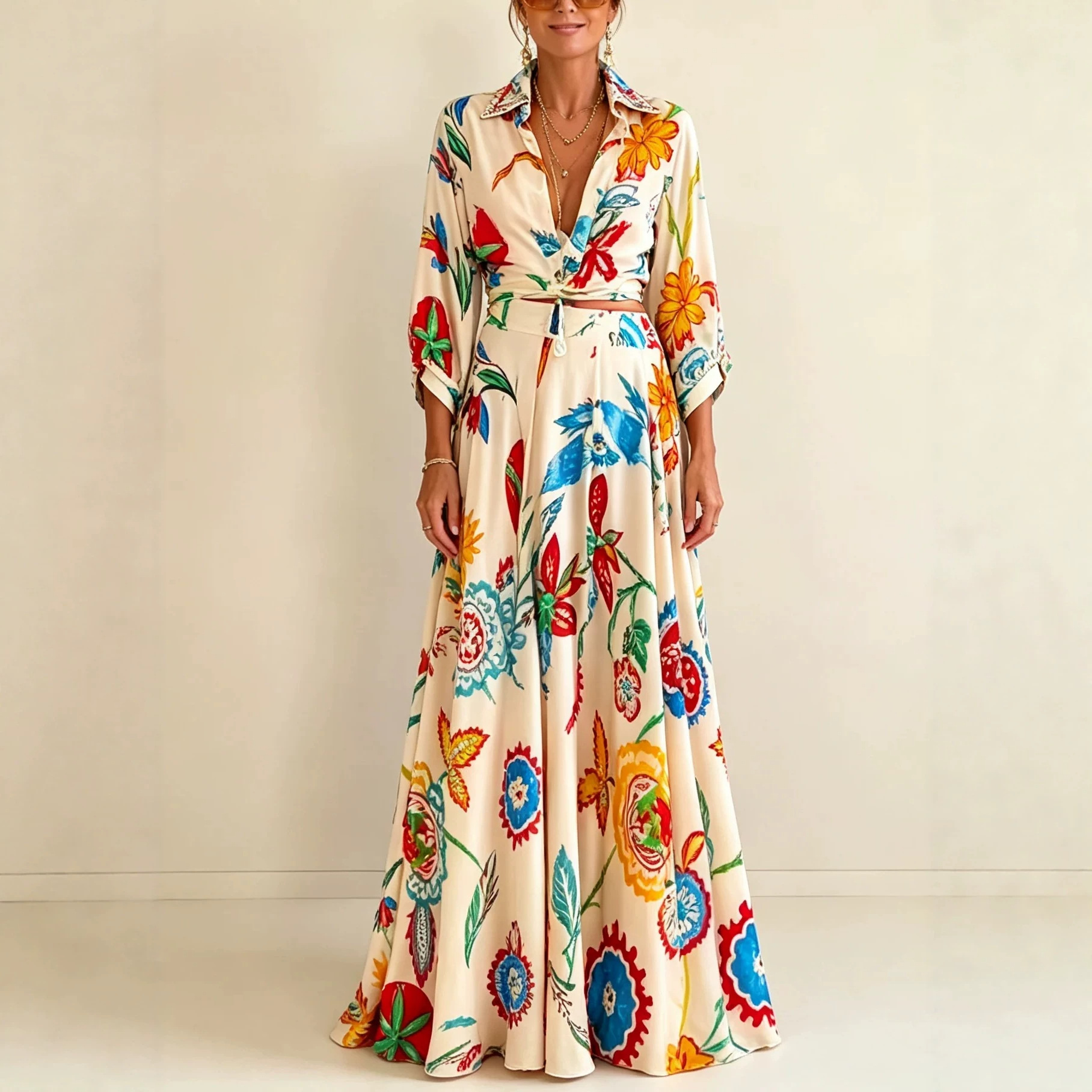 Vintage Oil Painting Floral Print Tie-Front Shirt and Maxi Skirt Two-Piece Set