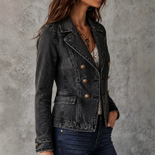 Retro Washed Denim Double-Breasted Collared Jacket