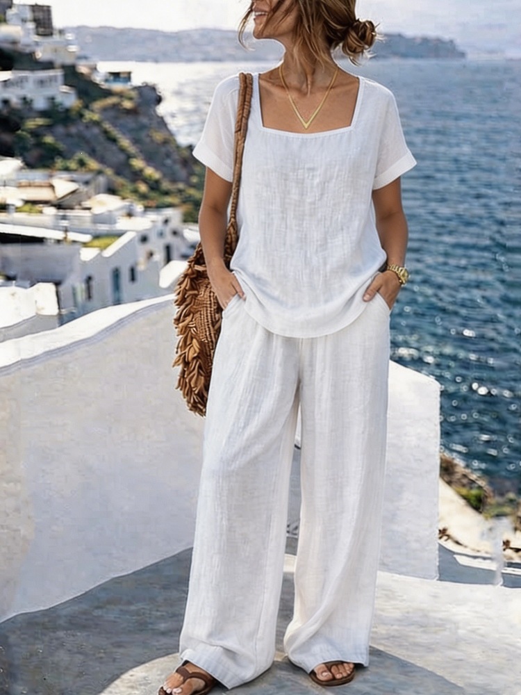 Women's Square Neck Short Sleeve Top and Pants Washed Cotton Set