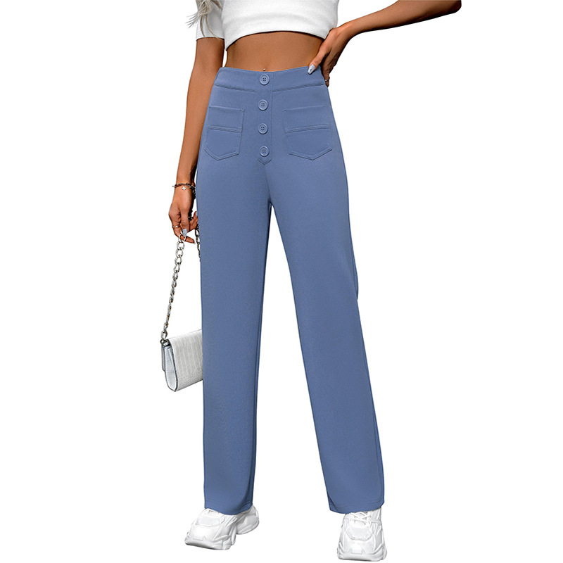 High-Waist Wide-Leg Button Pants with Pockets Casual Straight-Leg Trousers