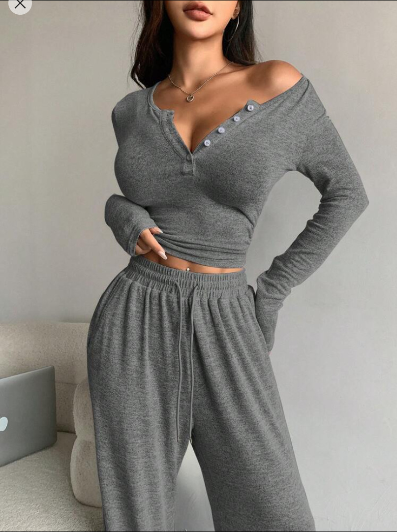 Women's Long Sleeve Button-Front Solid Slim Top and Pants Two-Piece Set