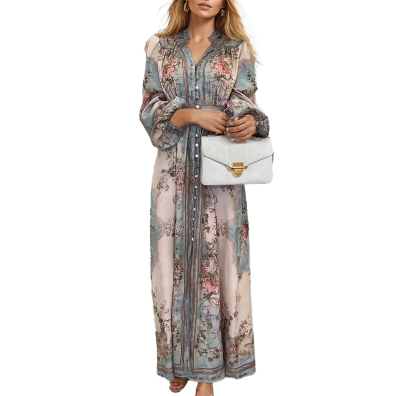Women's V-Neck Floral Print A-Line Long Dress
