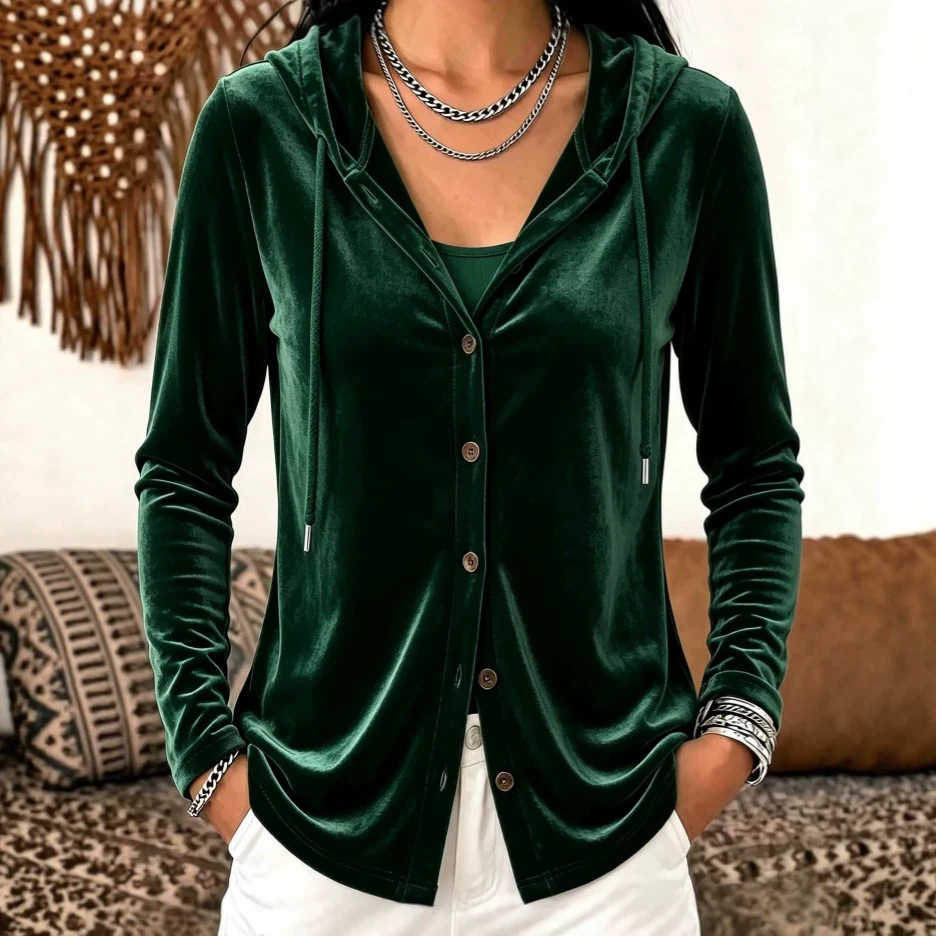 Button-Up Hooded Cardigan Jacket Gold Velvet Solid Color Casual Women's