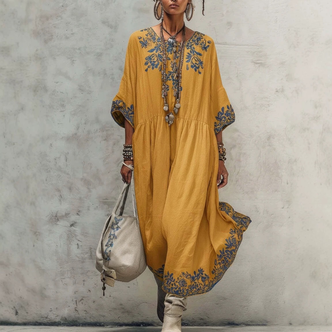 Women's Loose Fit Floral Print Round Neck Midi Dress