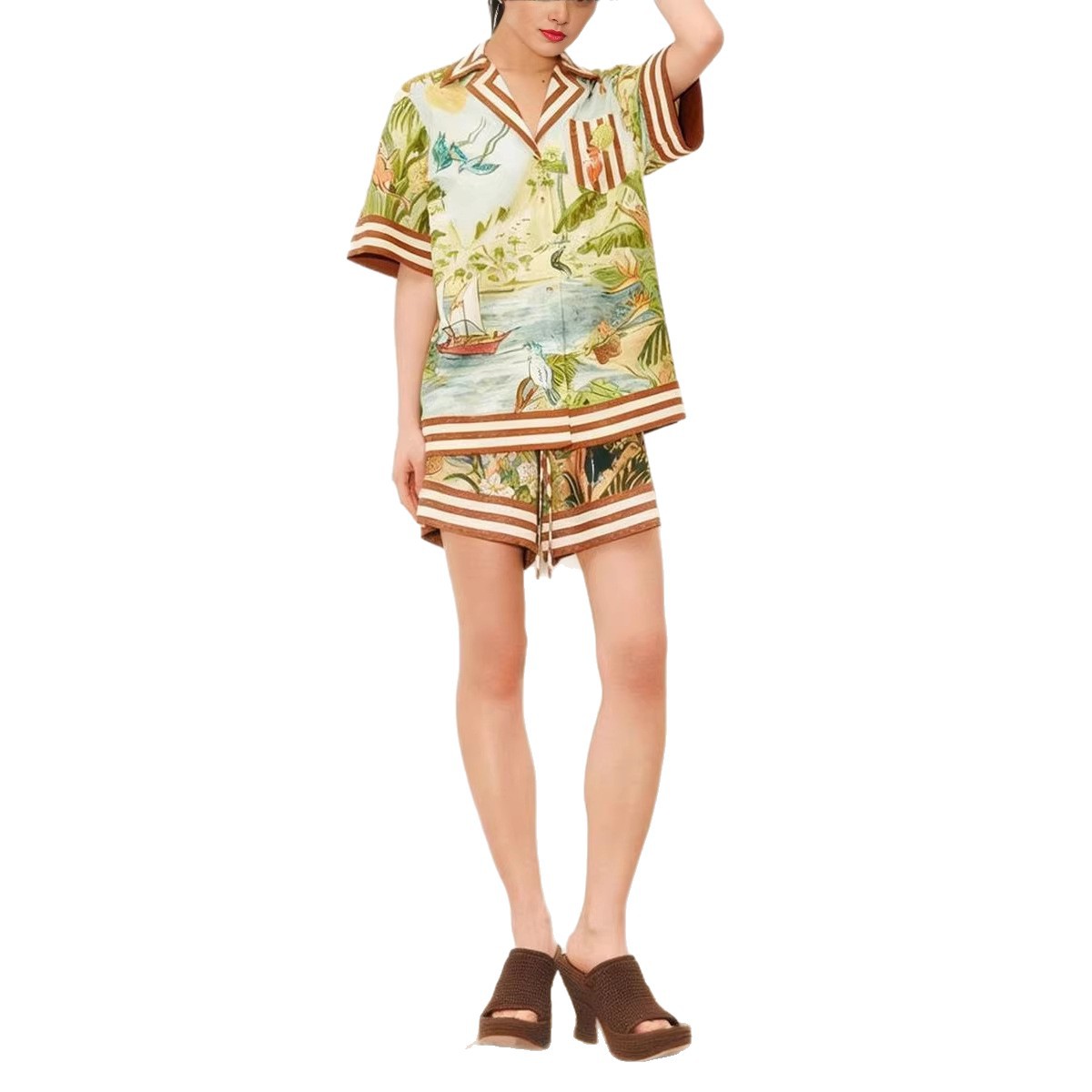 Boho Print Two-Piece Shirt and Shorts Set