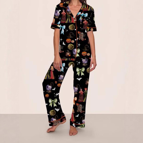 Cuban Collar Short Sleeve Shirt & Pants Pajama Set for Women