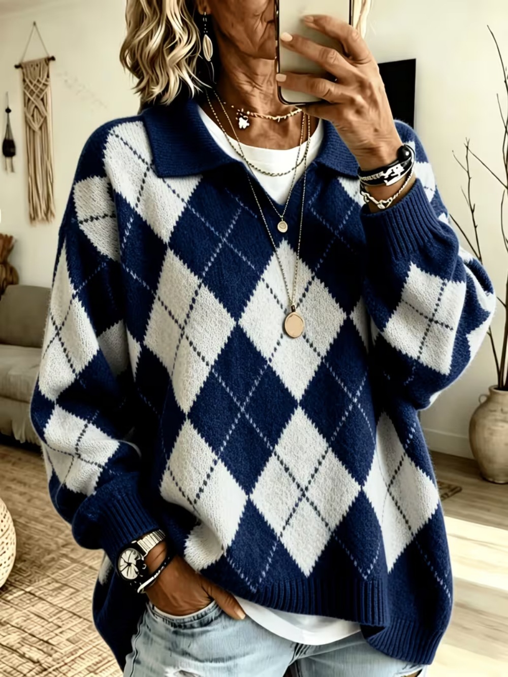 Diamond Plaid V-Neck Collared Knit Sweater