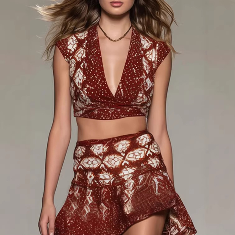 Wine Red Geometric Chiffon Top and Ruffle Skirt Set