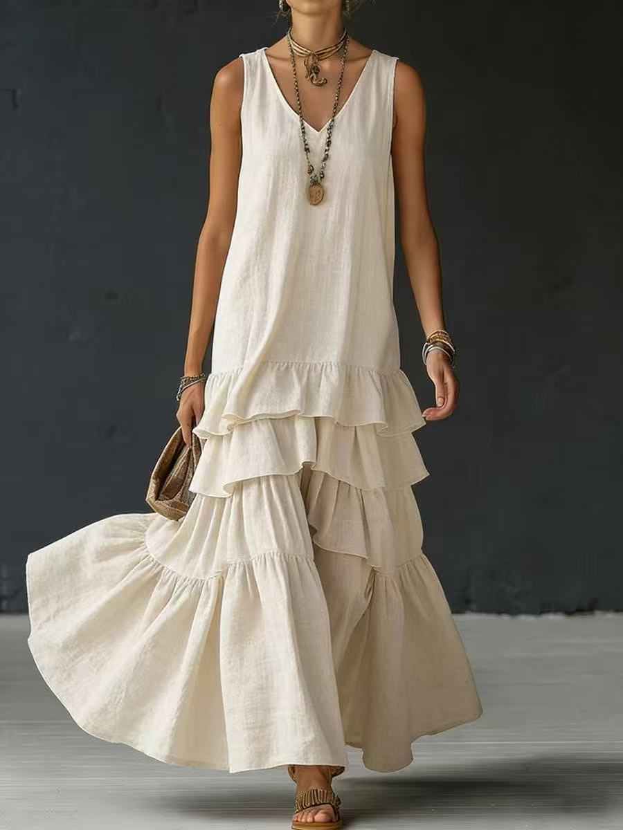 Solid Color Loose Fit Sleeveless Maxi Dress with Full Skirt