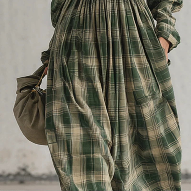 Retro Plaid Long Sleeve High-Waist Maxi Dress with Pockets