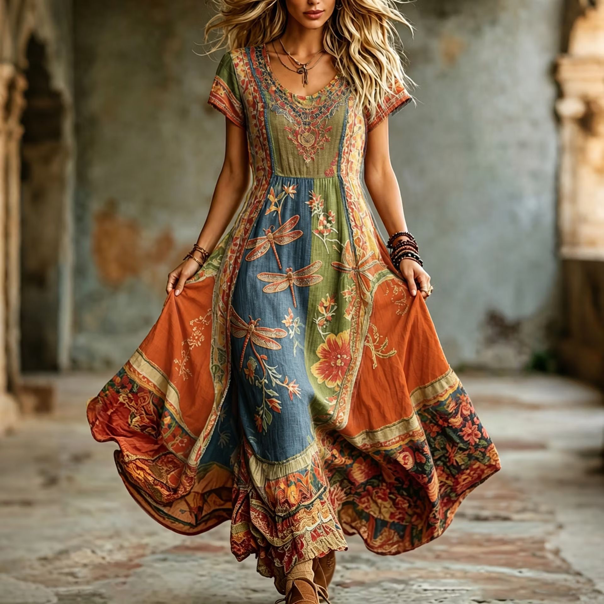 Women's Floral Print Ruched Midi Dress Short Sleeve Crew Neck