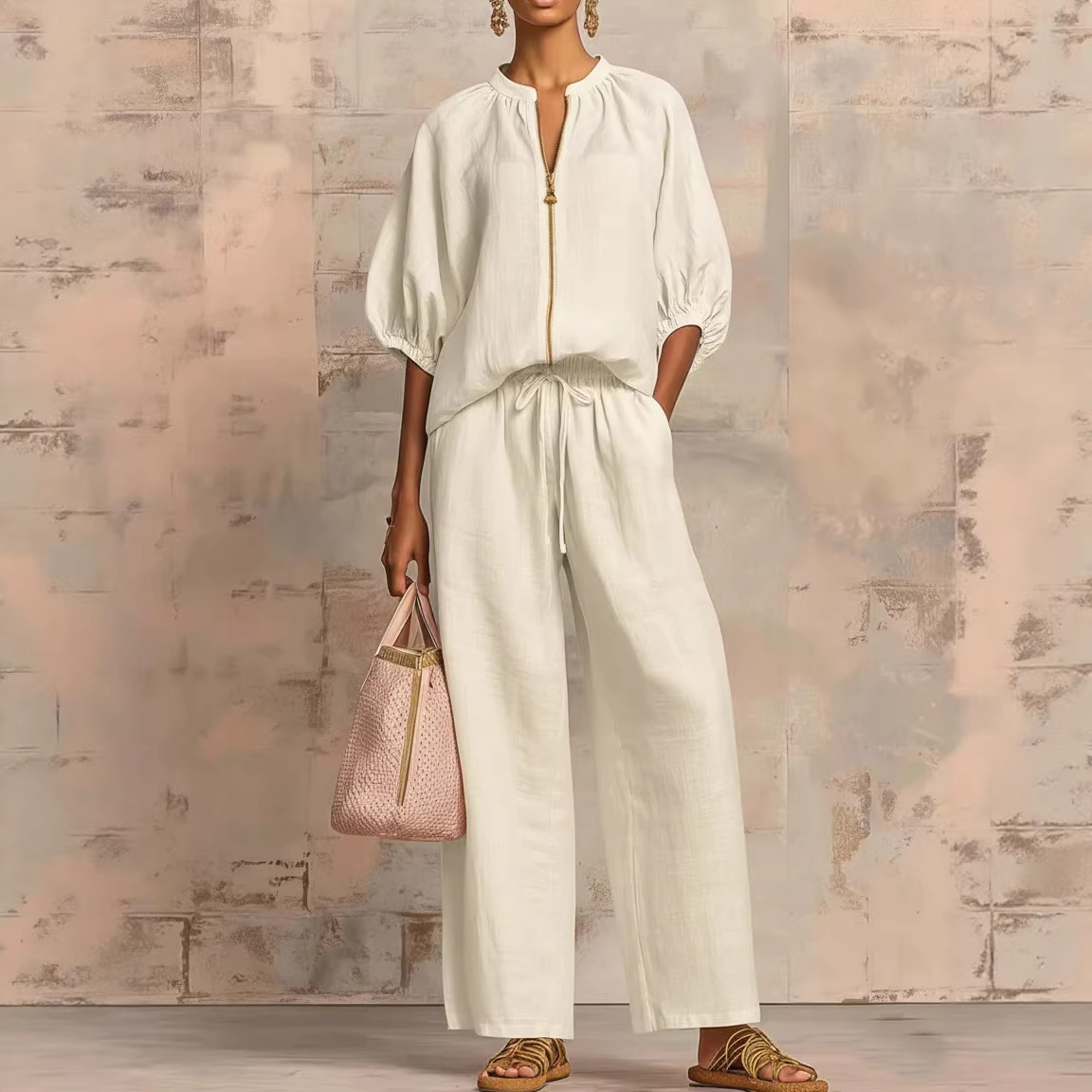 Women's Casual Solid Zip Round Neck Wide-Leg Pants Set