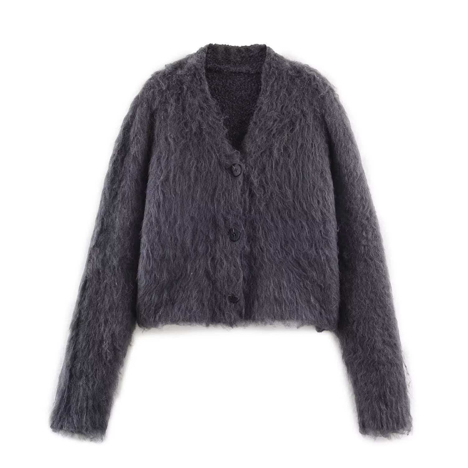 Fuzzy V-Neck Knit Cardigan Sweater