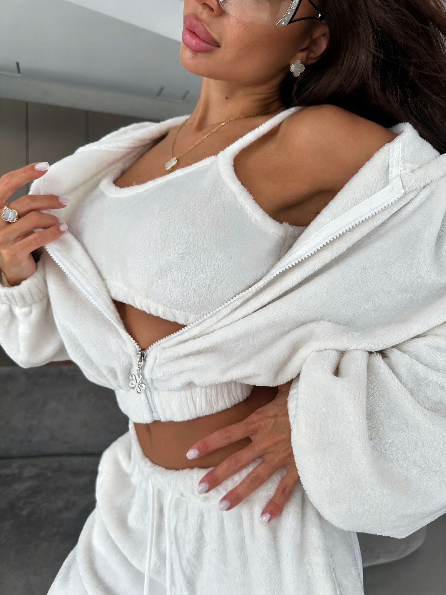 Soft Fleece Hooded Jacket & Drawstring High-Waist Wide-Leg Pants Set