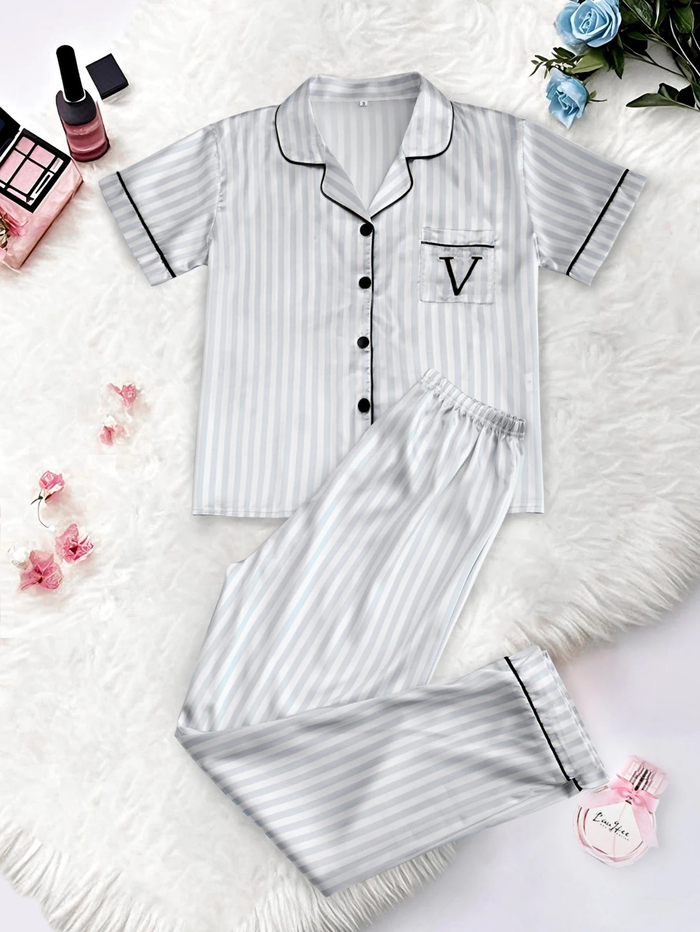Women's Striped Cuban Collar Short Sleeve Shirt and Pants Set