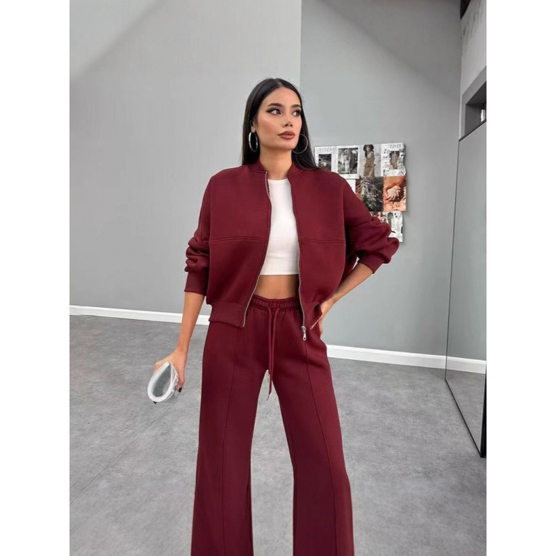 Women's Solid Color Zip-Up Long Sleeve Top and Drawstring Pants Set