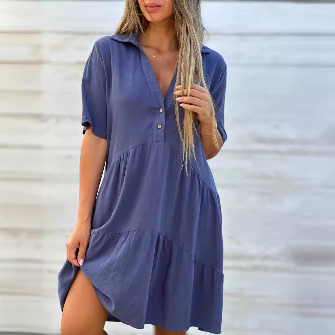 Women's Loose Solid Color Collared Short Sleeve Cotton Dress