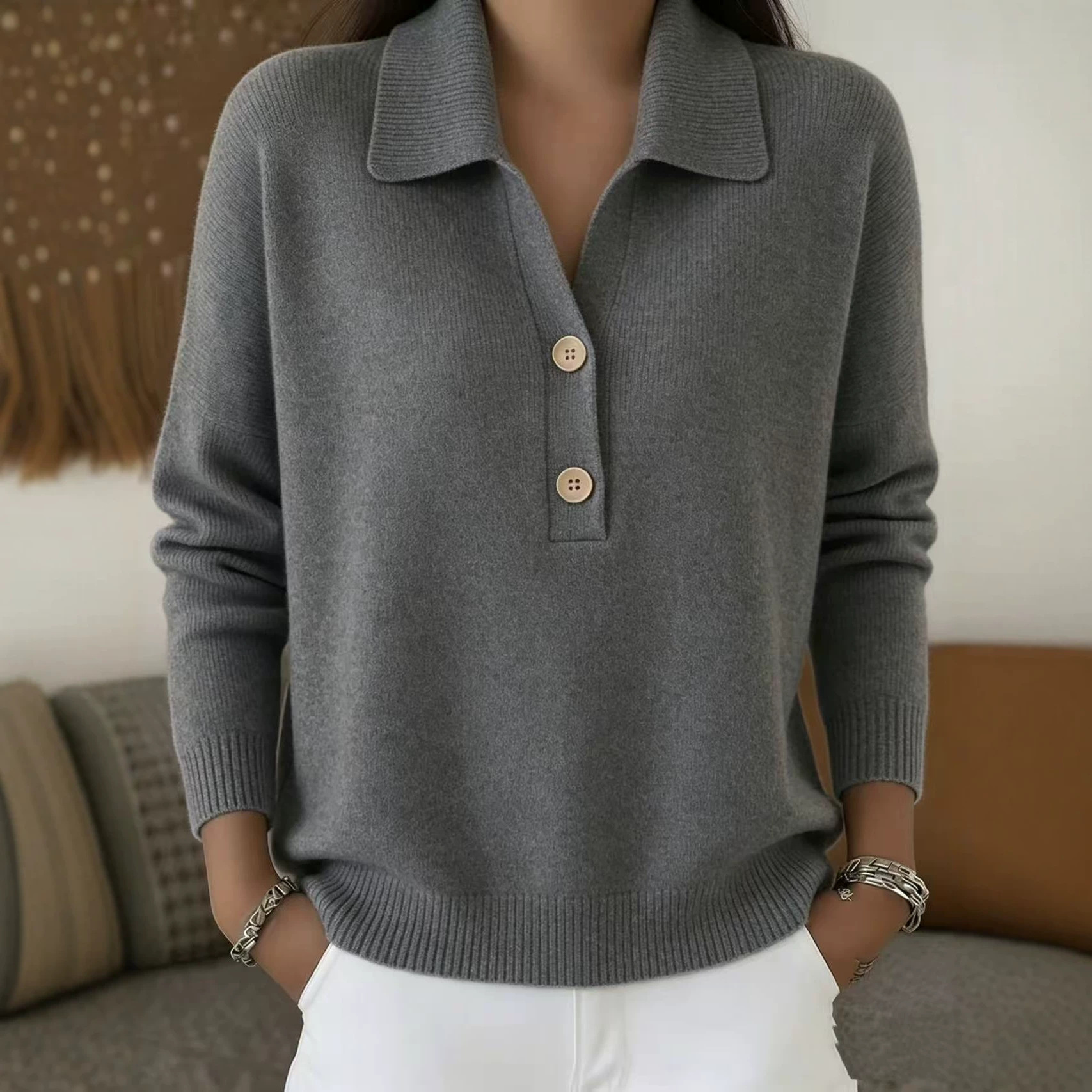 Women's Knit Sweater with Collar and Button Half-Placket Loose Casual