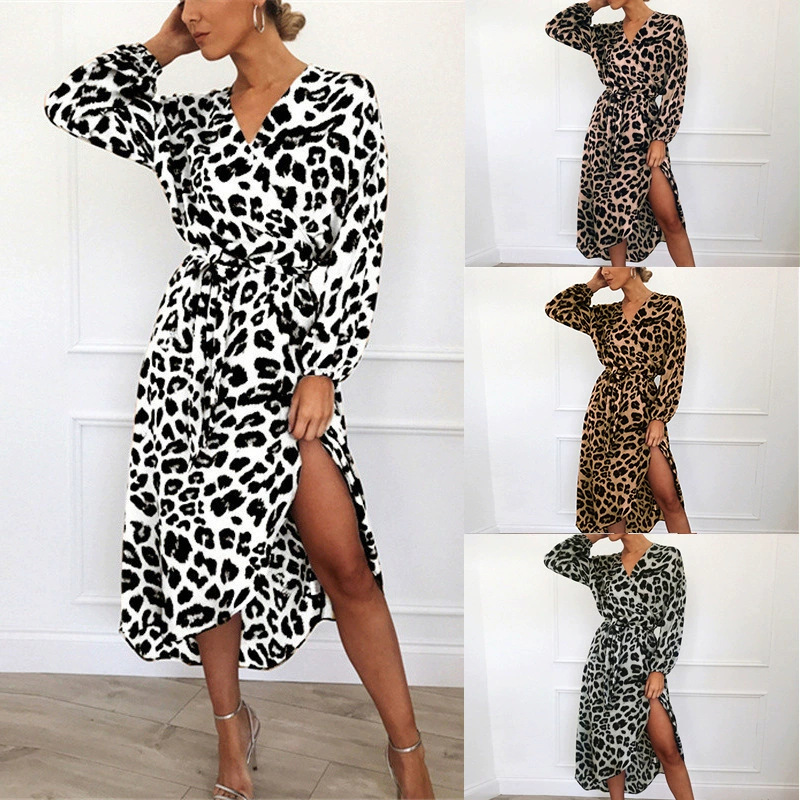 Women's Sexy V-Neck Leopard Print Long Sleeve Chiffon Dress