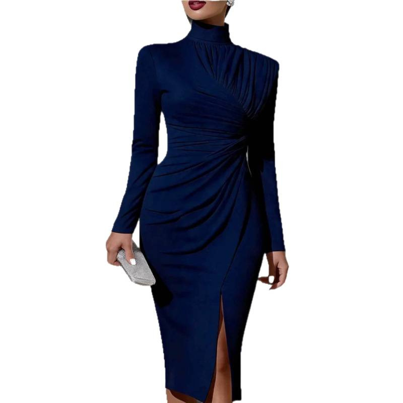 High Neck Ruched Long Sleeve Bodycon Midi Dress with Slit