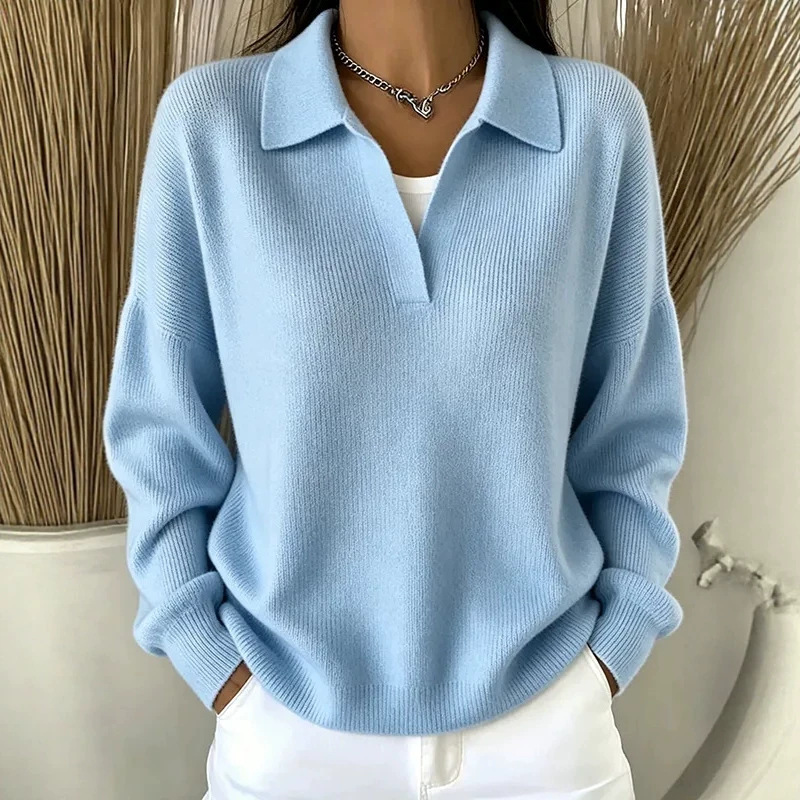 Ribbed Knit Polo Sweater with Collar, Loose V-Neck Pullover, Casual Slimming Fit