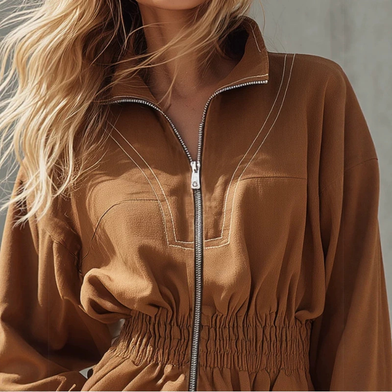 Retro Cargo Stand Collar Zip Bubble Sleeve Distressed Jumpsuit