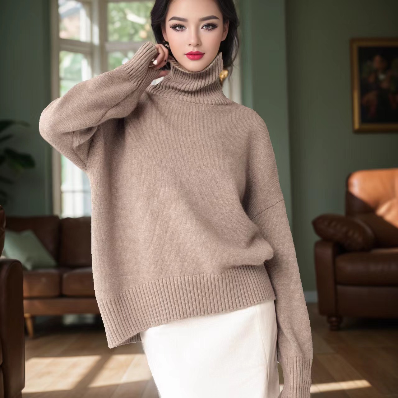 Women's Multi-Color Ribbed Turtleneck Knit Sweater Loose Lazy Style