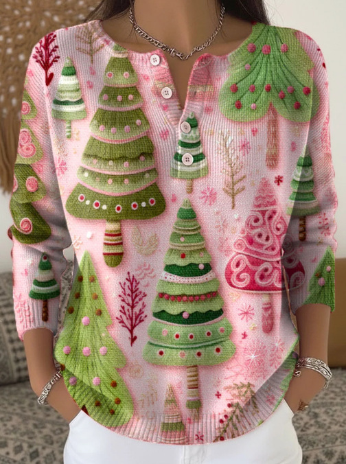 Women's Christmas Dinosaur Forest Print Button Sweatshirt