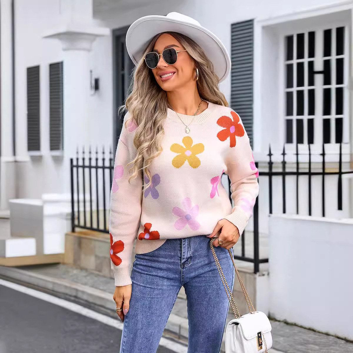 Floral Jacquard Knit Sweater Women's Pullover Round Neck Long Sleeve