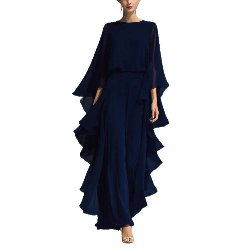 Women's Navy Chiffon Top and Straight-Leg Pants Set with Ruffle Bell Sleeves