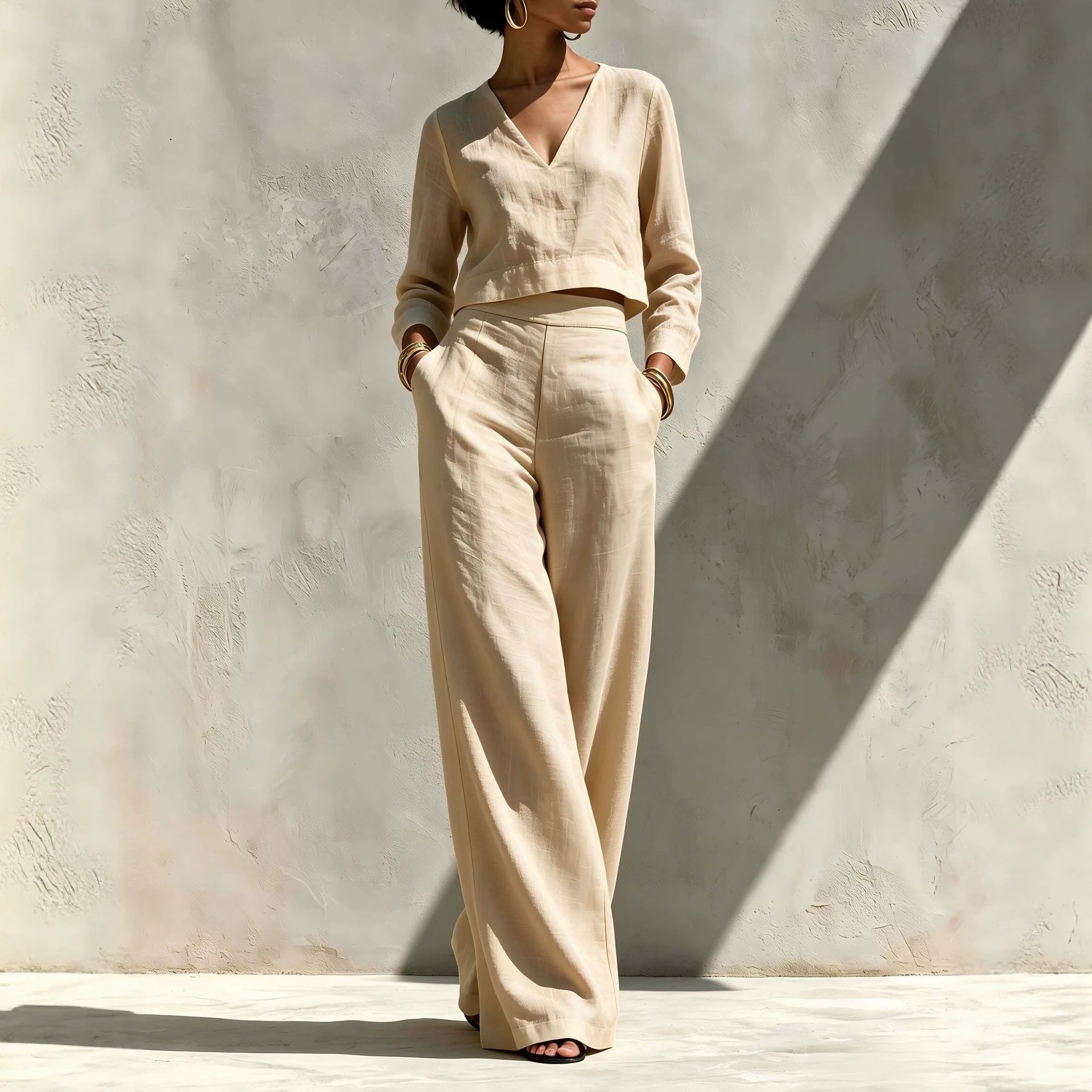 Women's Linen-Blend V-Neck Long-Sleeve Crop Top & High-Waist Wide-Leg Pants Set