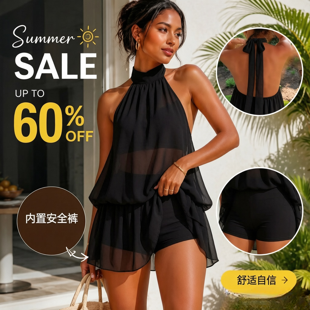 Women's Halter Open-Back Tie Chiffon A-Line Mini Dress with Built-in Shorts