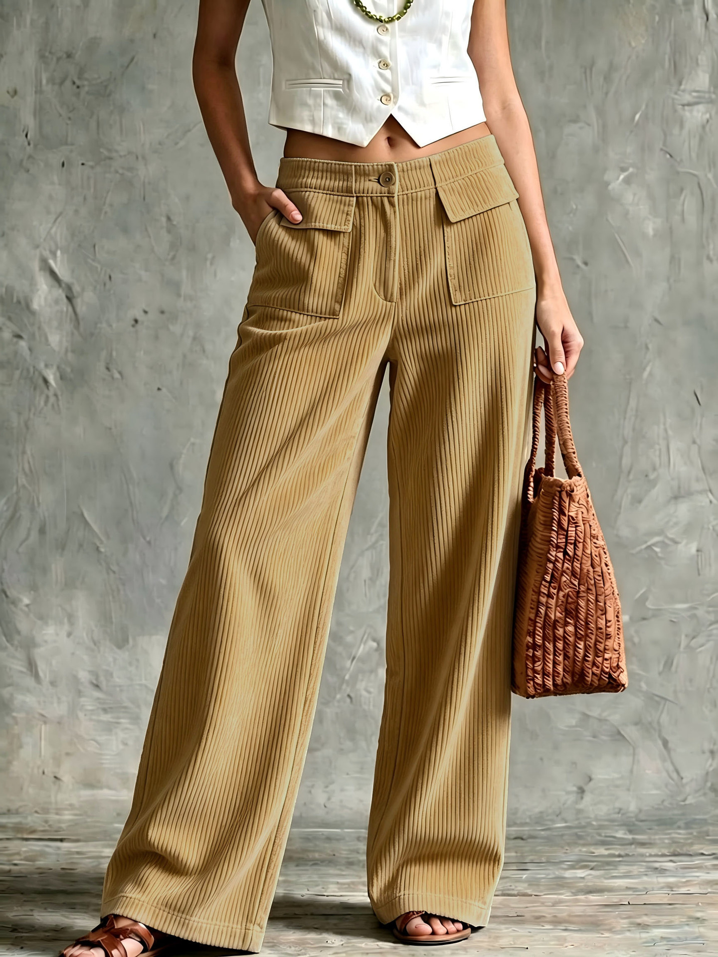 Women's Corduroy Wide-Leg Pants High Waist Straight Two Pockets