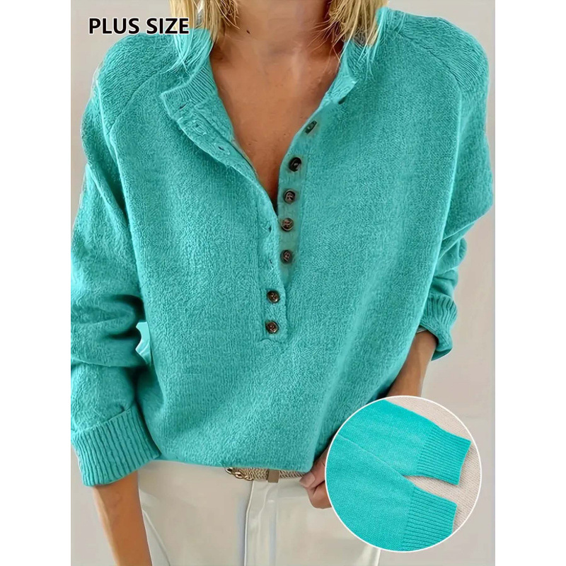 Women's Plus Size Solid Knit Pullover Sweater with Button Neck and Raglan Sleeves