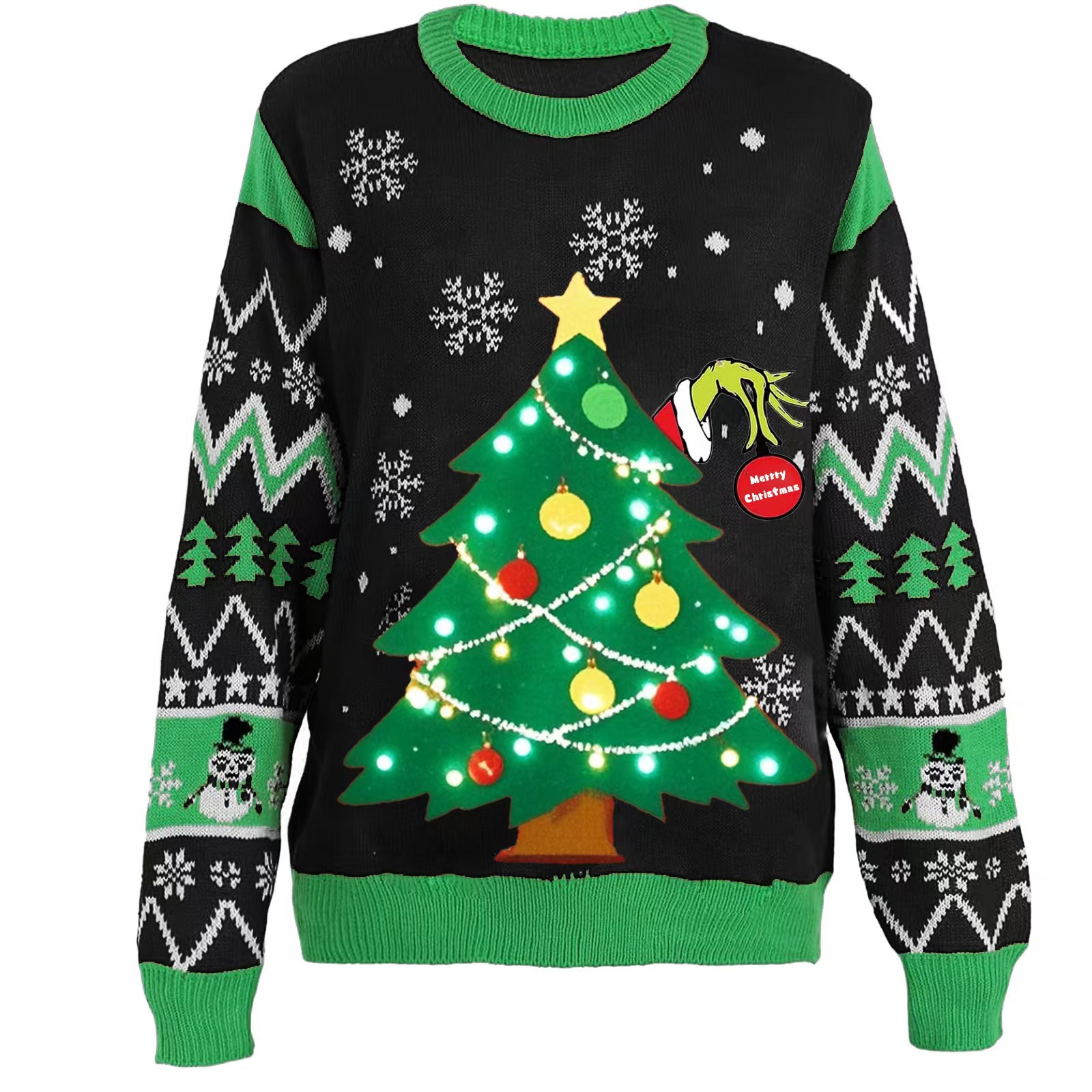 Christmas Couple Long Sleeve Jacquard Sweater with Christmas Tree and Light Bulb Crewneck Pullover
