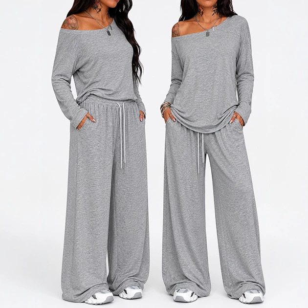 Women's Oblique Neck Wide Leg Pants Set Solid Color Casual Two Piece