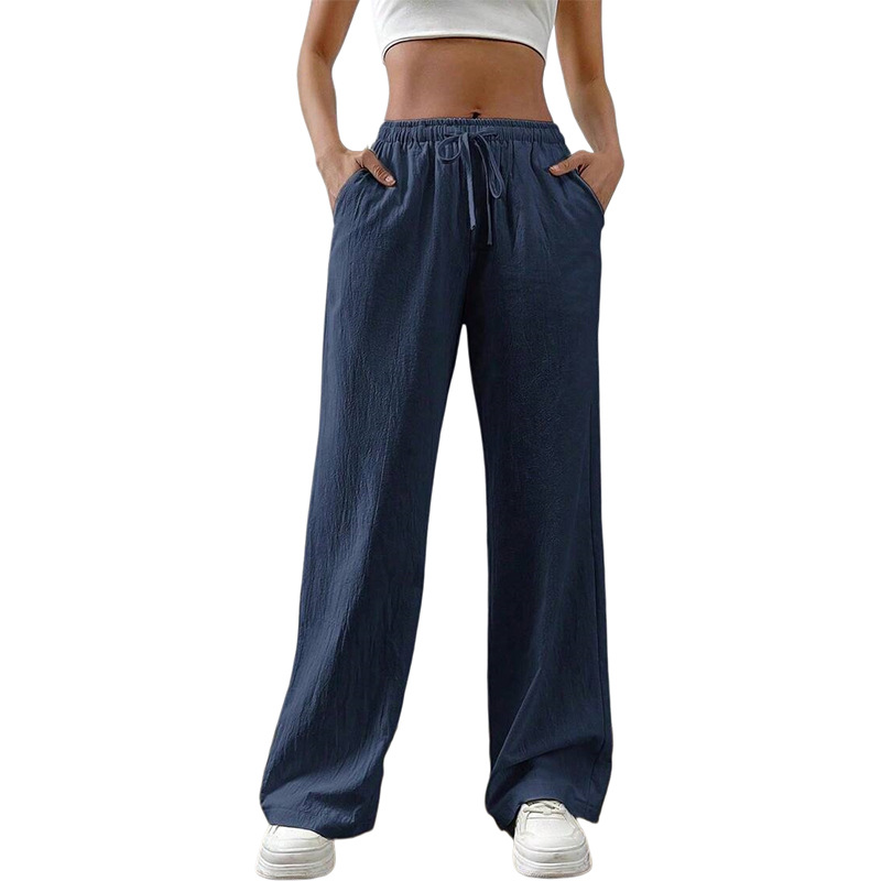 Women's Cotton Linen Wide-Leg Pants Casual Loose High-Waist Drawstring