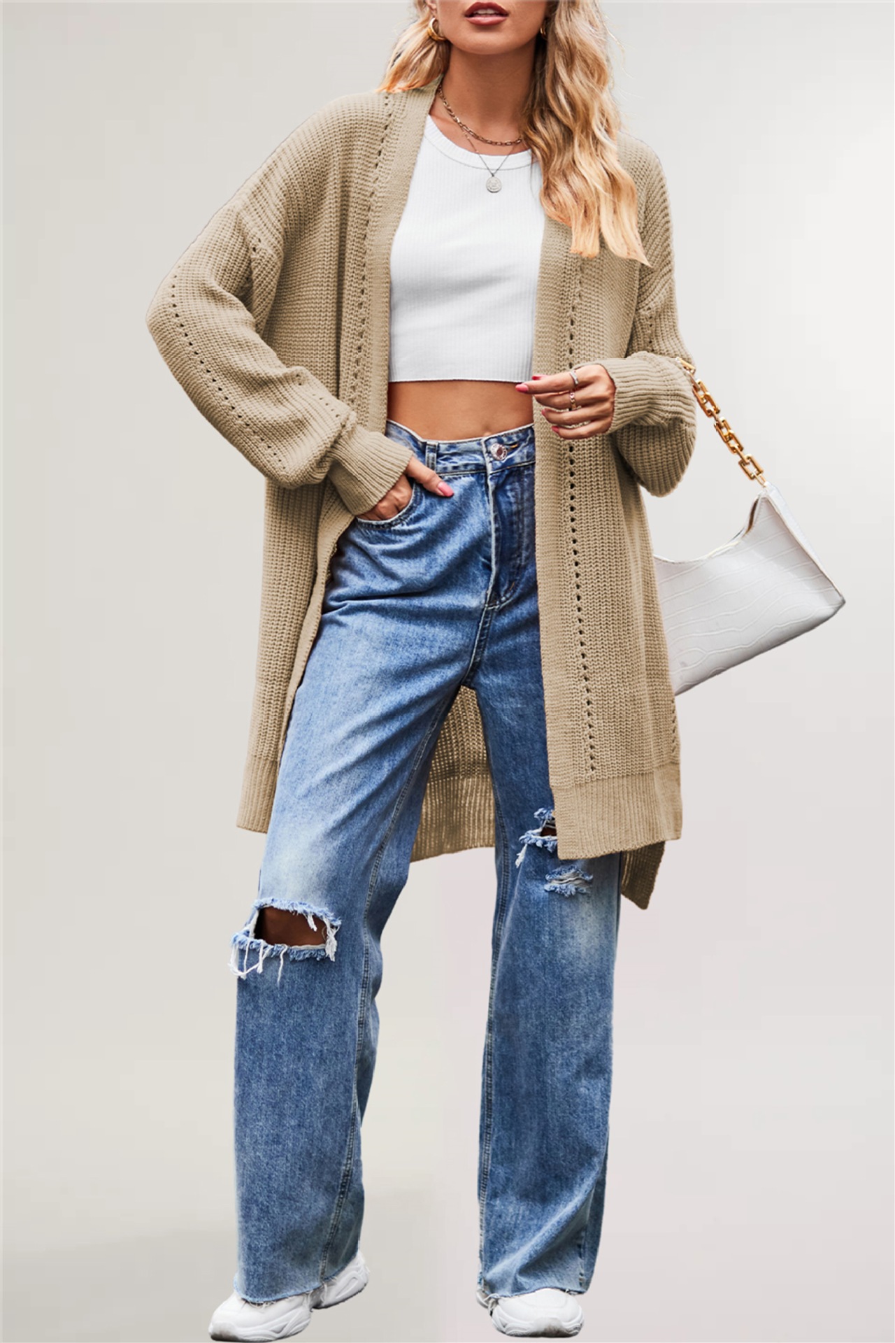 Women's Solid Color Loose Knit Cardigan with Pockets