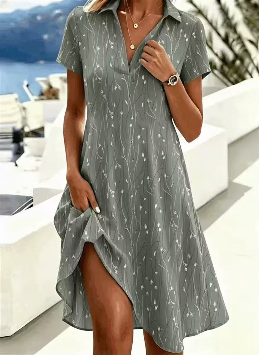 Women's Elegant Printed Ruched Dress V-Neck Short Sleeve Midi