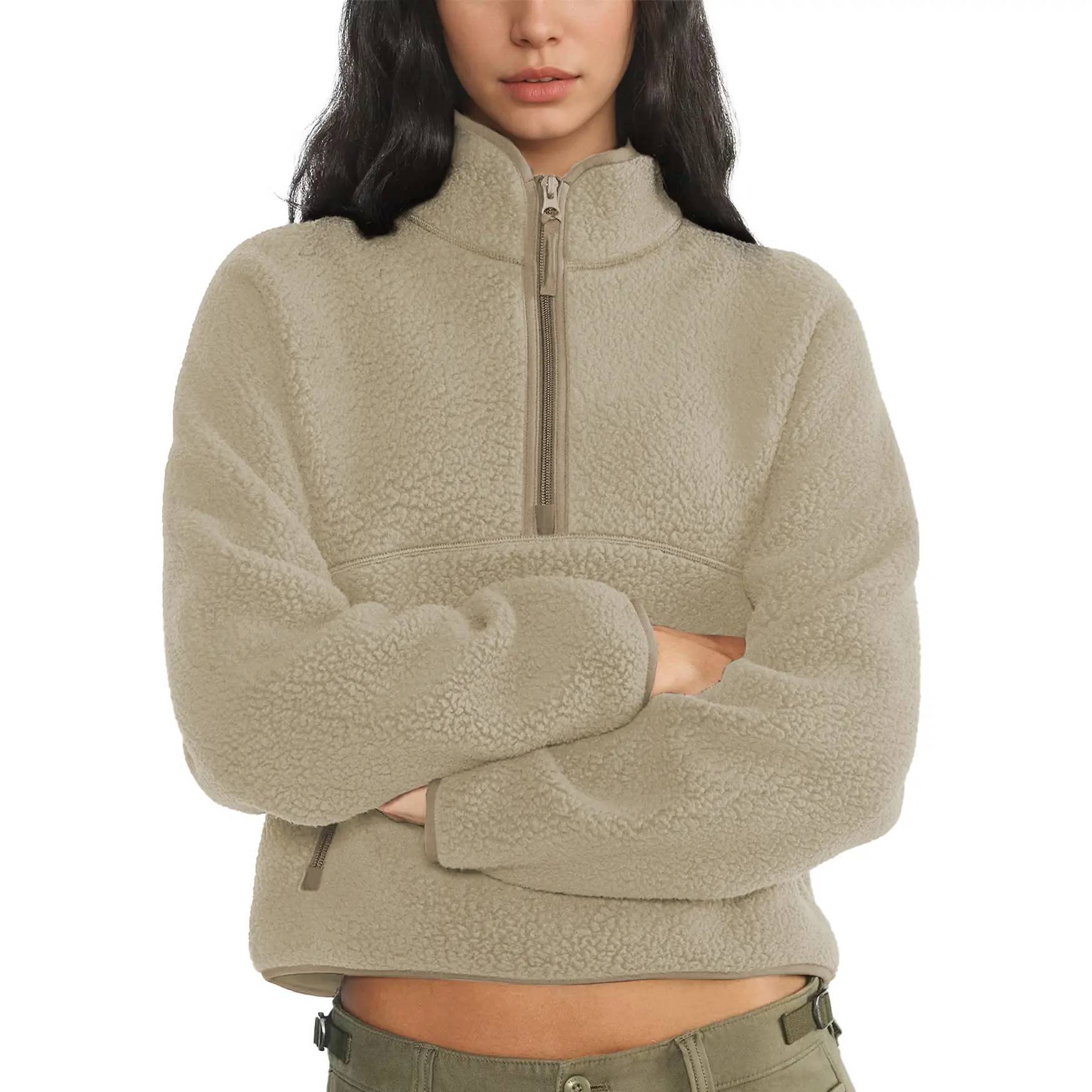 Women's Retro Fleece Half-Zip Pullover Sweatshirt Solid Stand Collar