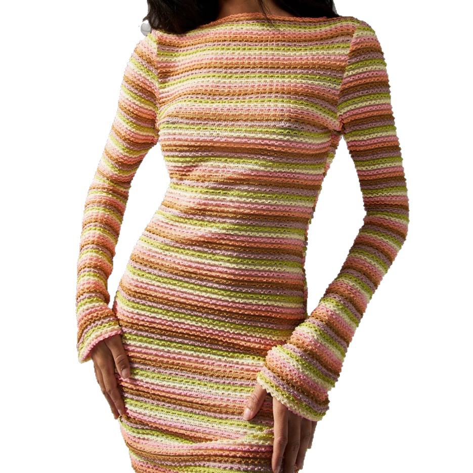 Striped Crochet Long Sleeve Backless Bodycon Dress