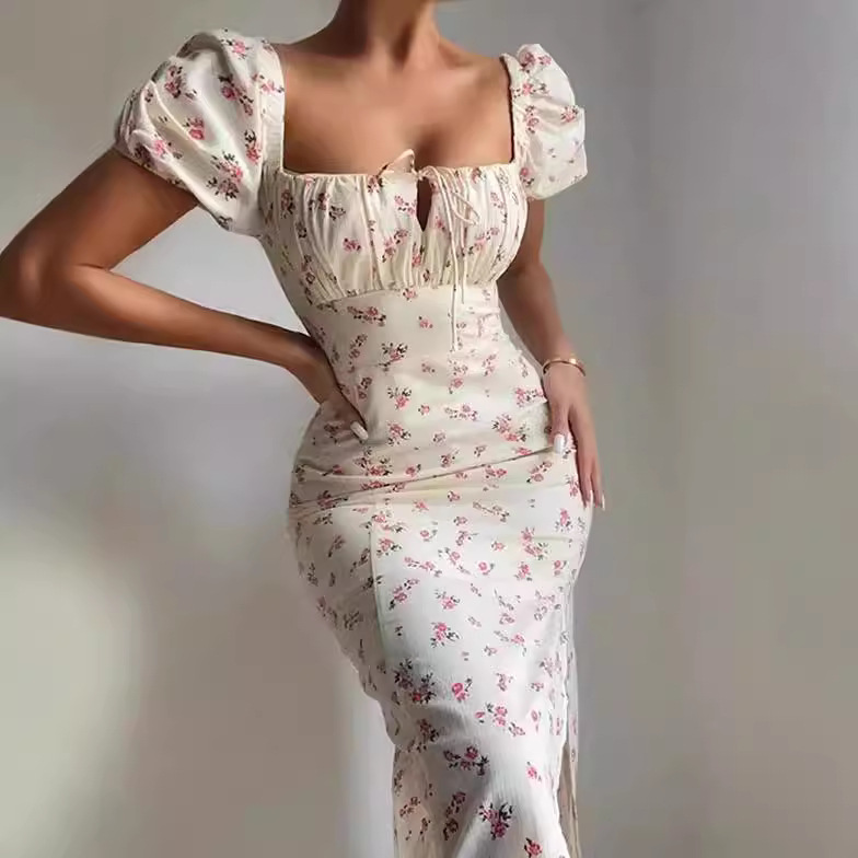 Women's French Vintage Floral Dress Slim Fit Slit Long Puff Sleeve Square Neck