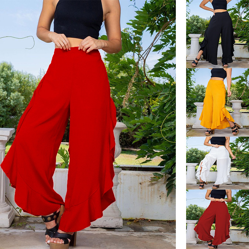 Solid Ruffle Wide-Leg Elastic Waist Casual Pants for Women