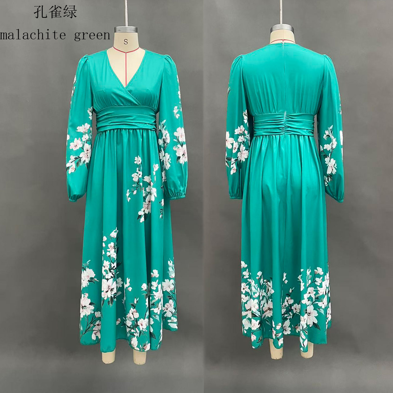 Floral Print V-Neck Pleated Long Sleeve Maxi Dress